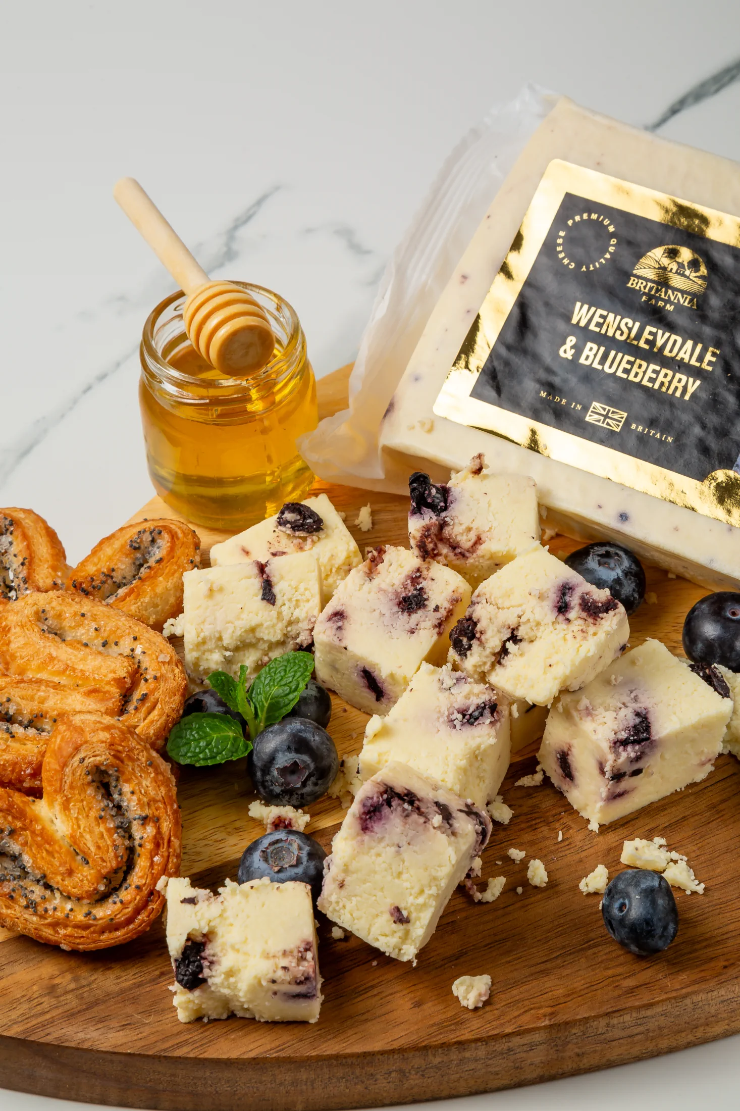 Wensleydale & Blueberry cheese with purple marbling – British fruit cheese